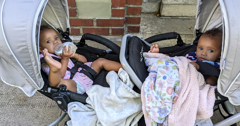 babies in donated strollers